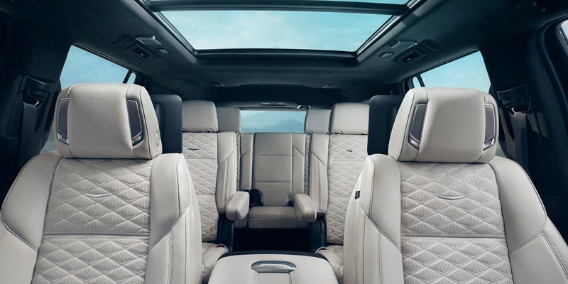 Comfortable three-row SUV interior with detailed stitching and panoramic roof