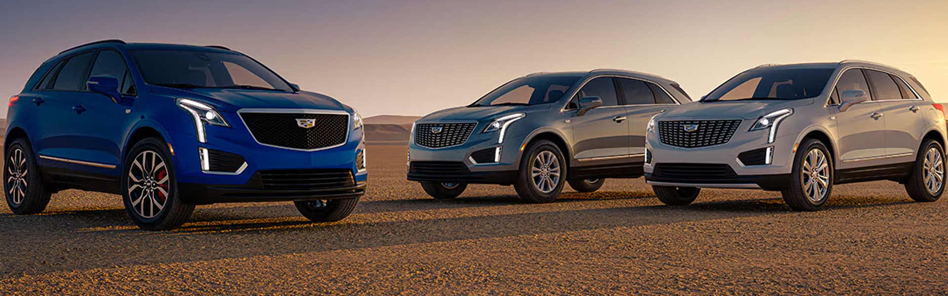 Cadillac SUVs parked together at sunset.
