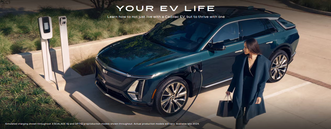 A woman walking next to a charging electric vehicle. Image header says 'Your EV life. Learn how to not just live with a Cadillac EV, but to thrive with one.'