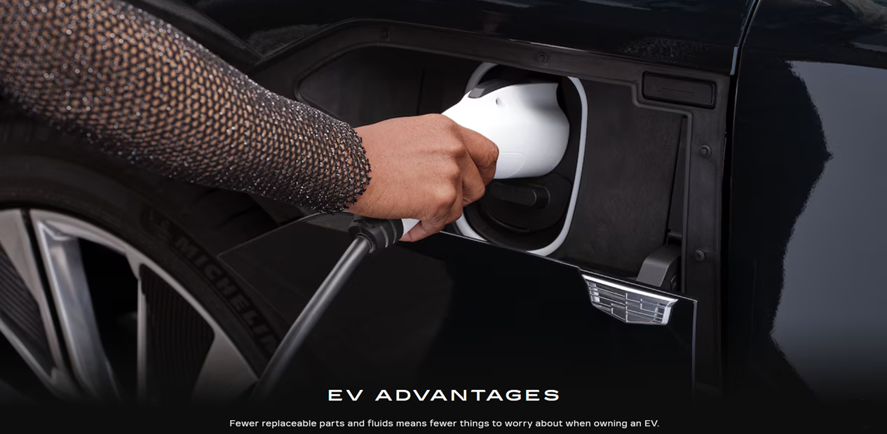 A person plugs an EV into a charging station. Image header says 'EV Advantages. Fewer replaceable parts and fluids means fewer things to worry about when owning an EV.'