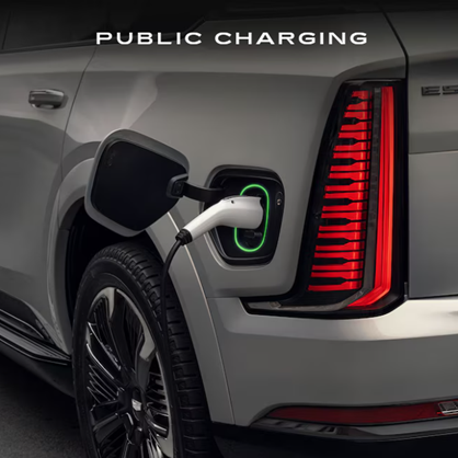 A Caddilac EV charging. Text that says 'Public Charging'