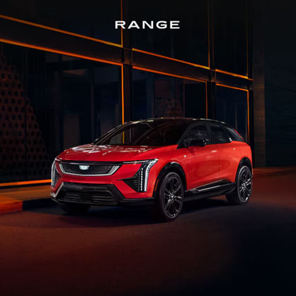 A red Cadillac EV. Text that says 'Range'