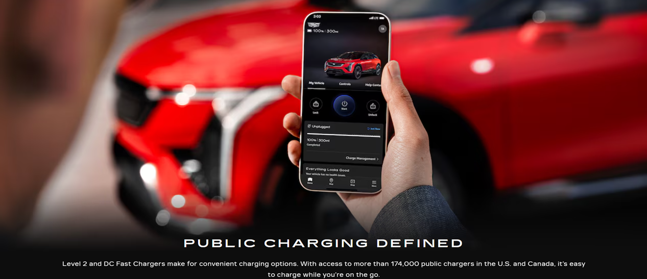A person holding a smartphone with a car on it while standing in front of the same car. Image header says 'Public Charging Defined. Level 2 and DC Fast Chargers make for convenient charging options. With access to more than 174,000 public chargers in the US and Canada, it's easy to charge while you're on the go.'