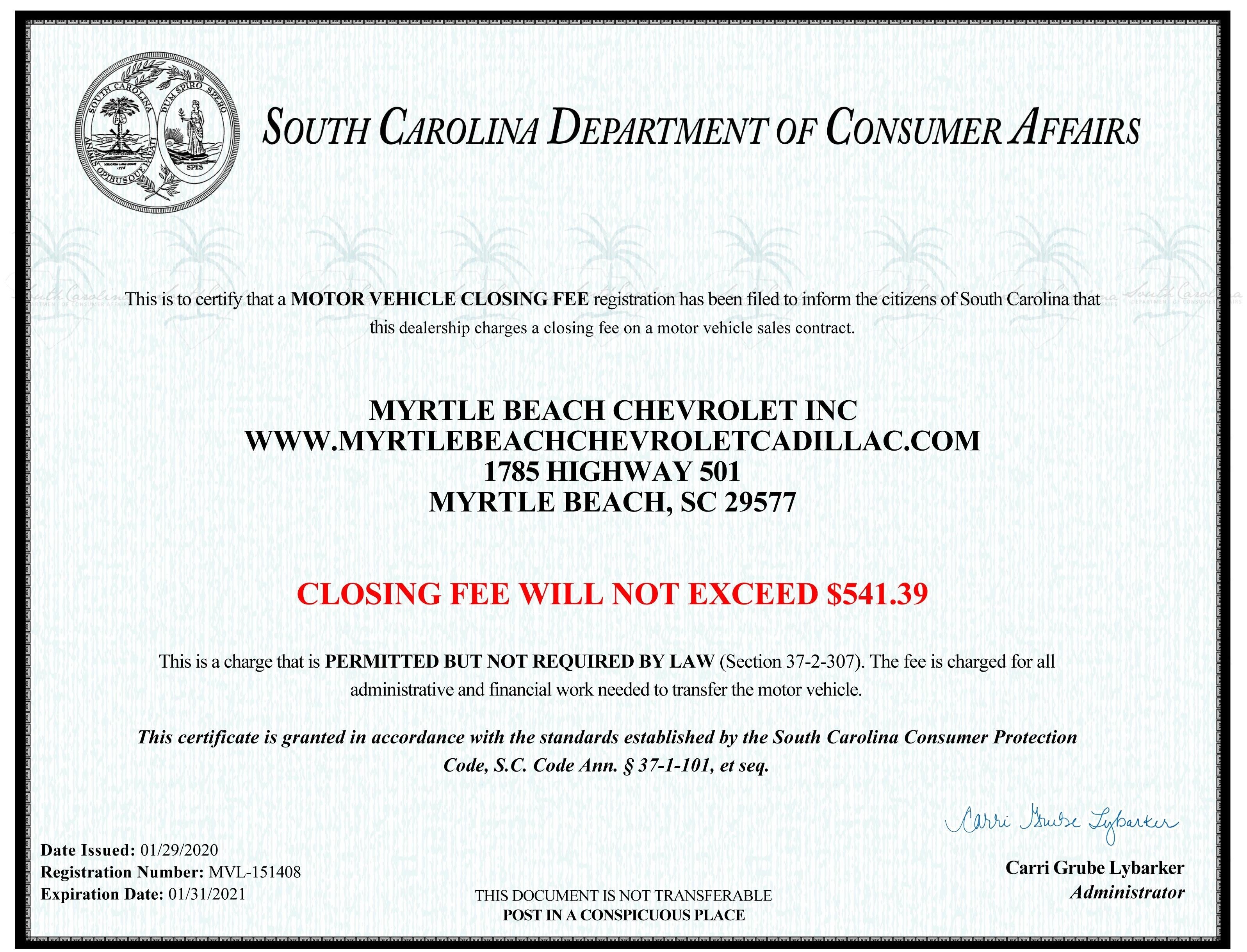 South Carolina Department of Consumer Affairs Certificate